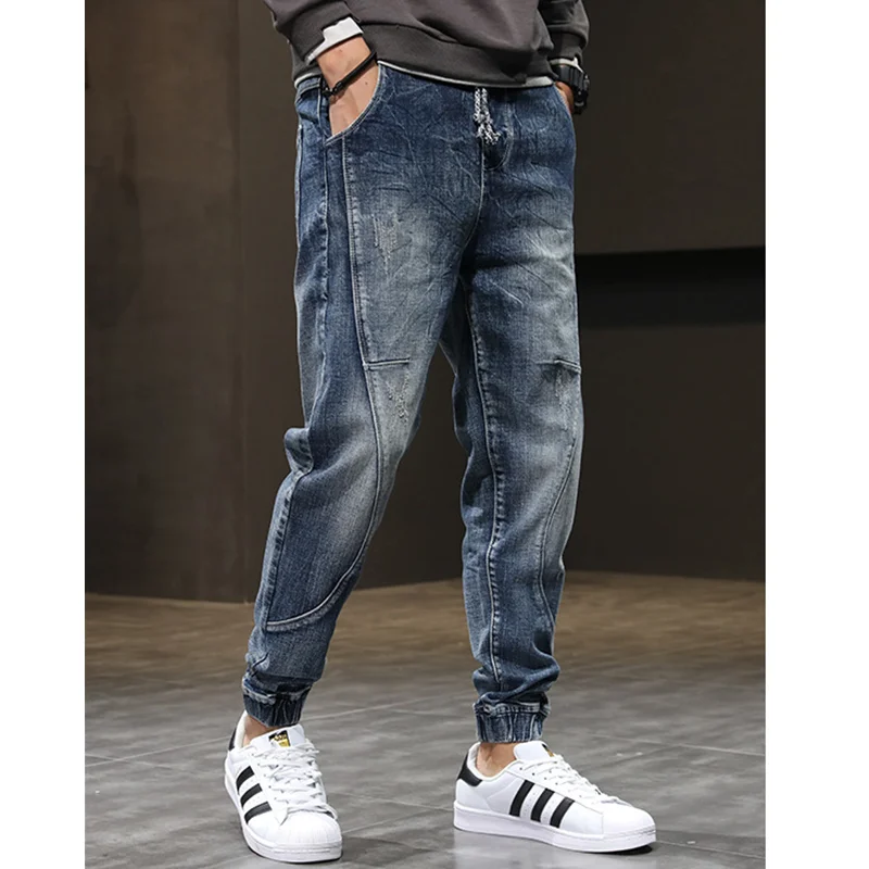 Men Clothing Autumn New Straight Loose Cylinder Jeans Vintage Lacing Strap Elastic Force Comfortable Blue Harun Trousers Female