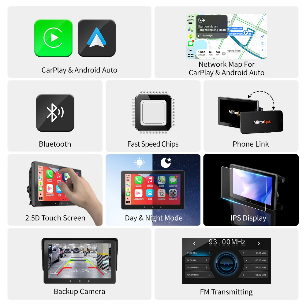 Portable Wireless Apple CarPlay Android Auto Monitor Mirror Link Display Bluetooth Touch Screen For Car Bus Nissan Toyota Car images - 6