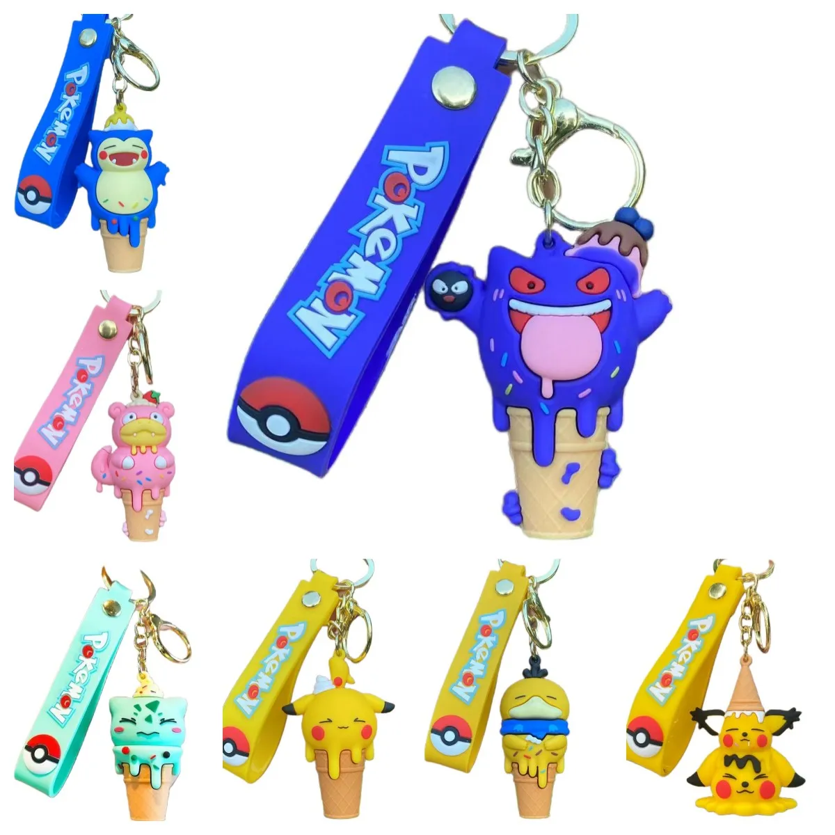

Anime Pokemon Ice Cream Series Keychain Pikachu Bulbasaur Psyduck Gengar Cartoon Doll Car Key Chain Backpack Pendant Kids Gift