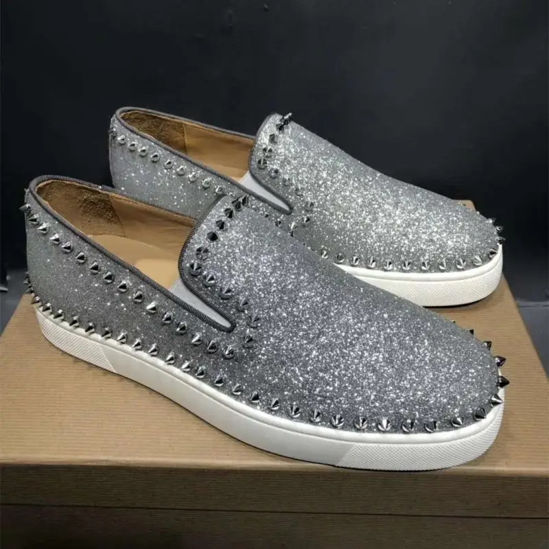 

Brand Shining Glitter Sneakers Red Bottom Shoes For Men Luxury Loafers Spikes Casual Shoes Mens Trainers Vulcanized Flats