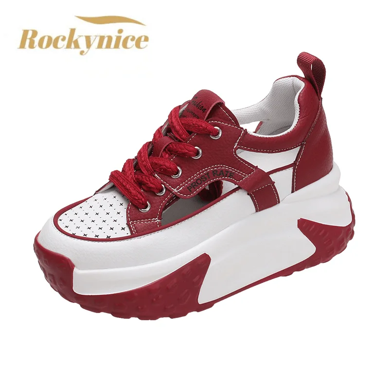 Women Lace-up Chunky Sneakers Platform Wedge Comfort Sports Shoes Fashion 6CM Leather Breathable New Summer Hollow Leisure Shoes