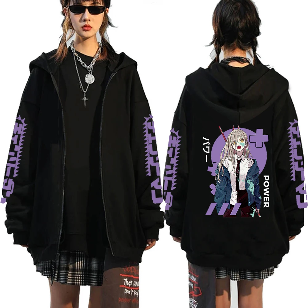 Anime Chainsaw Man Kawaii Power Zipper Hoodie Winter Manga Printed Sweatshirts Men Woemn Loose Warm Zip-up Jacket Coat