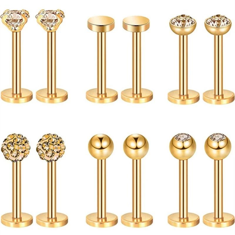

12PCS Stainless Steel Labret Piercing 16G Lip Ring Crystal Lip Helix Piercing Tragus Earring Cartilage Stud Body Pircing Jewelry