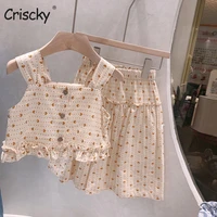 criscky 2022 summer korean style baby girls princess outfits heart suspenders ruffles tops loose pants 2pcs kids casual sets