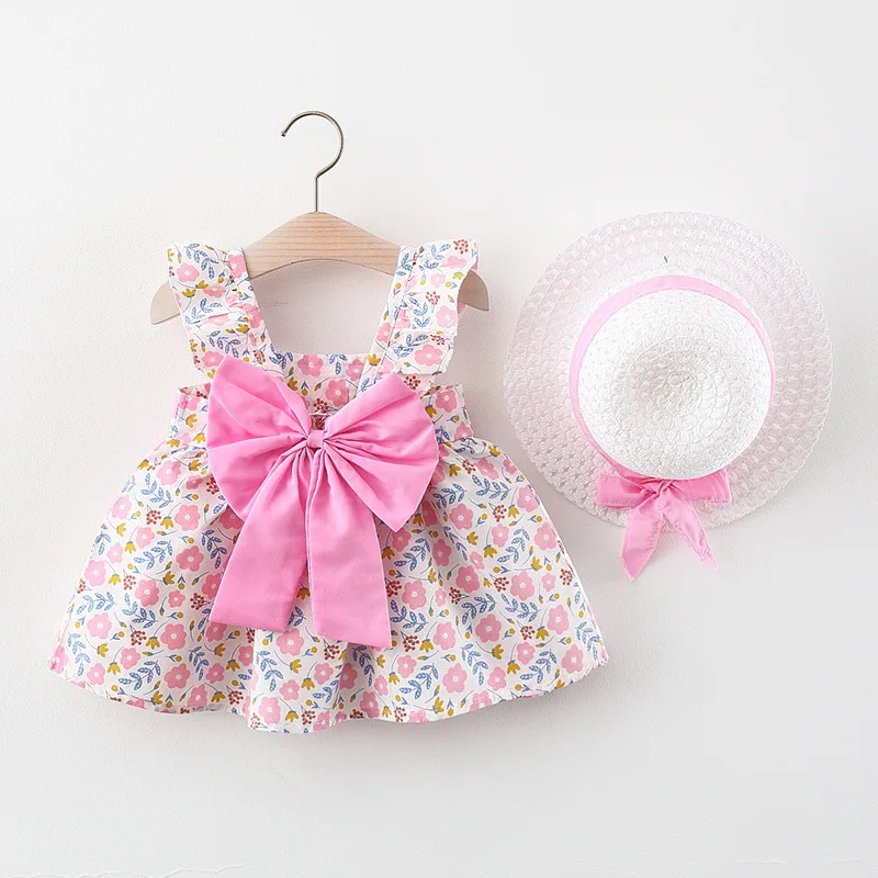 

Summer Newborn Baby Clothes Infant Girl Clothes Korean Cute Print Sleeveless Cotton Beach Dress+Sunhat Princess Dresses