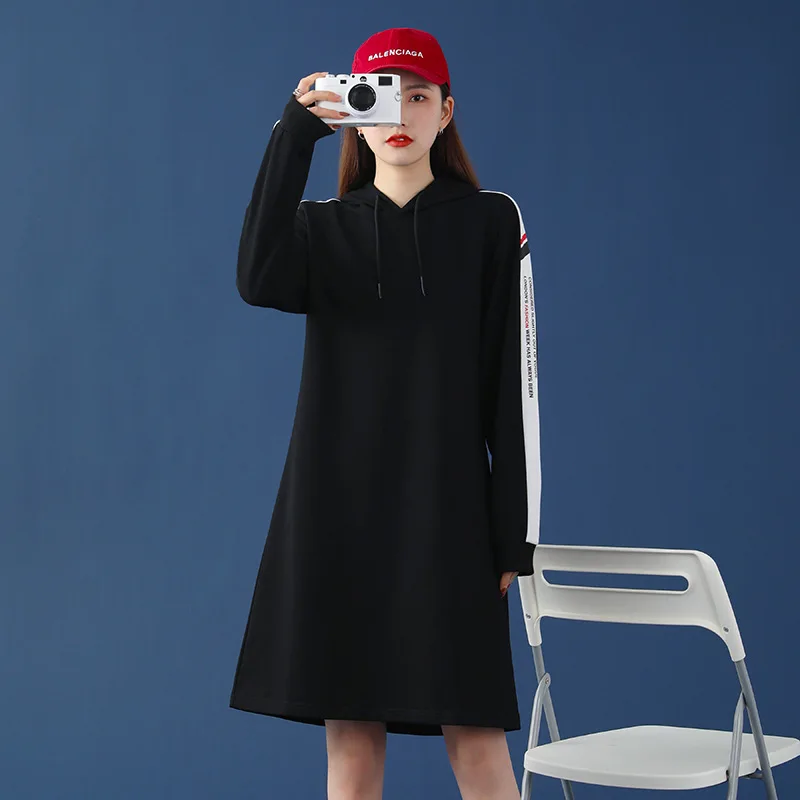 

women long sleeve solid color dress pullover A line dress loose casual women clothes 2021 fall new knee-length sport dress
