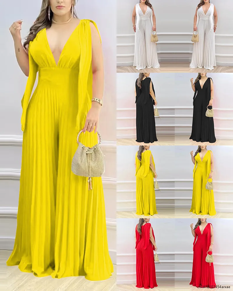 

Женский однотонный комбинезон с глубоким V-образным вырезом и длинным рукавом