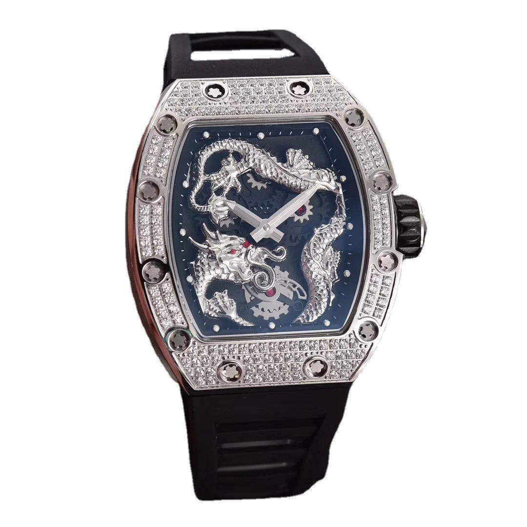 

High-Top Black Rubber Men Sapphire Mechanical Automatic Dragon Rose Gold Iced Diamond Tourbillion Calendar Skeleton Watch