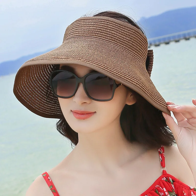

Fashion New Bow for Women Summer Visors Hat Casual Fold Empty Top Hats Large Brim Beach Straw Caps Beach Uv Protection Cap