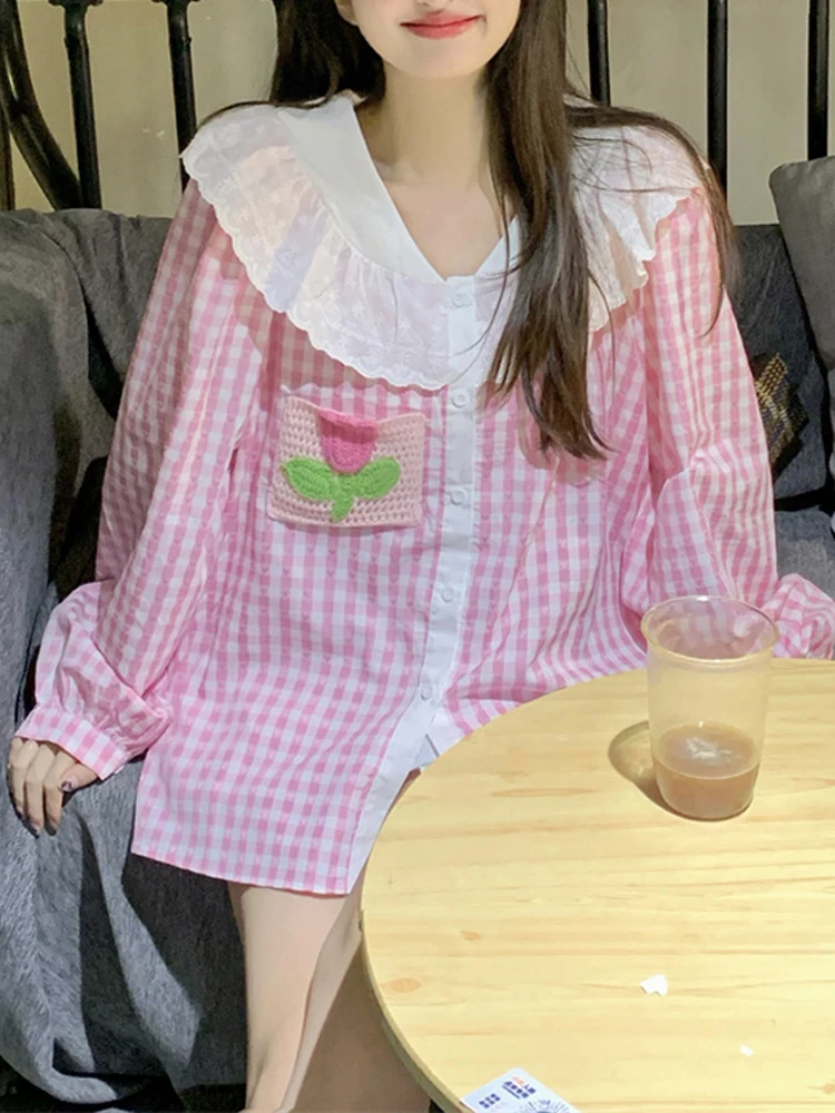 

KIMOKOKM японская Милая женская рубашка с кружевными оборками, трехмерный цветок, однобортная, Kawaii, клетчатая рубашка с длинными рукавами