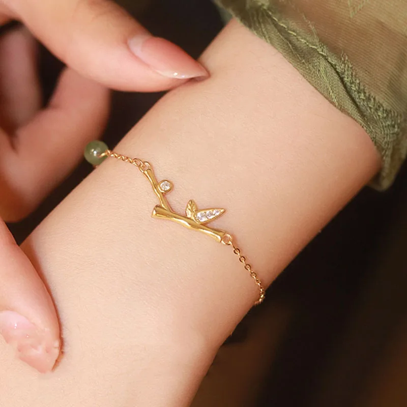 

VENTFILLE 925 Stamp Gold Color Hotan Jade Bracelet For Women Girl Birthday Gift Bamboo Leaf Set Jewelry Dropship Wholesale