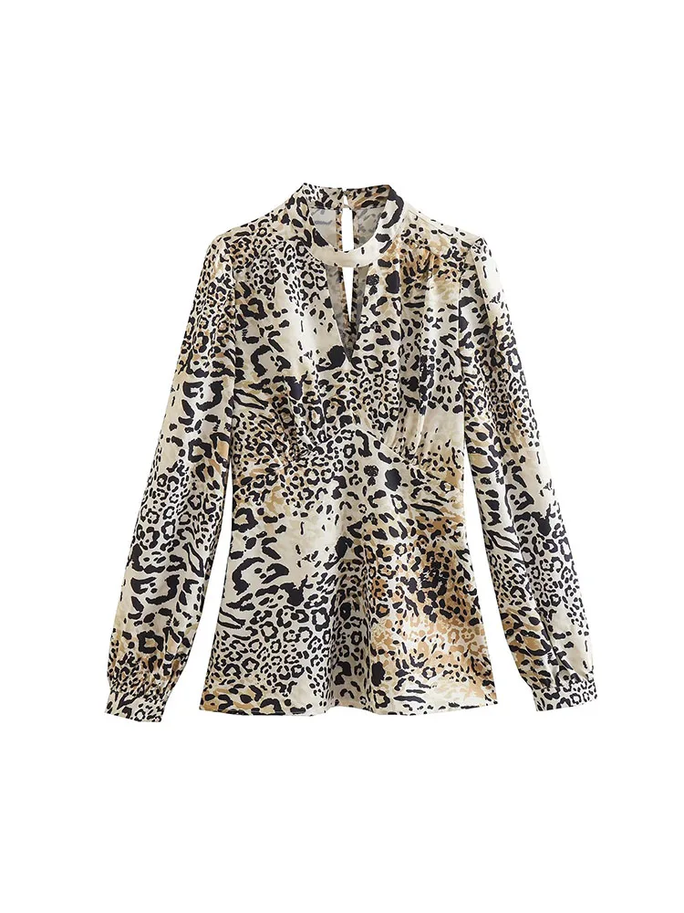 

Новинка осени 2022, женская элегантная блузка с длинными рукавами и ажурным принтом животного, стройнящая талию, приталенная и универсальная ...