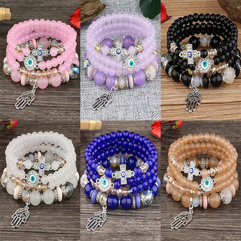 

Fashion Multilayer Acrylic Beads Beaded Adjustable Bracelet For Women BoHo Lucky Evil eye Cross Palm Pendant Bracelets Jewelry