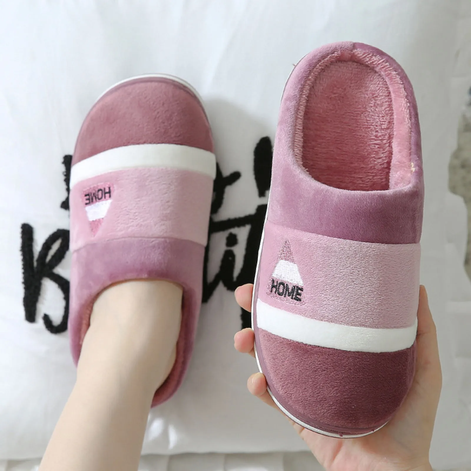 

Winter Warm Slippers For Women Home Wear-Resistant Stripe Non-slip Indoor Slides Couple Women Shoes Classic Women Slippers