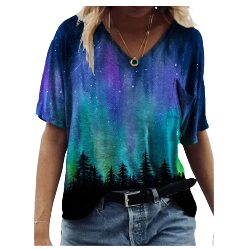 

2021 Summer Women Short Sleeve Landscape Print T Shirt Casual Streetwear V-Neck Pockets Loose Tee Tops Plus Size 3XL Ladies Tees