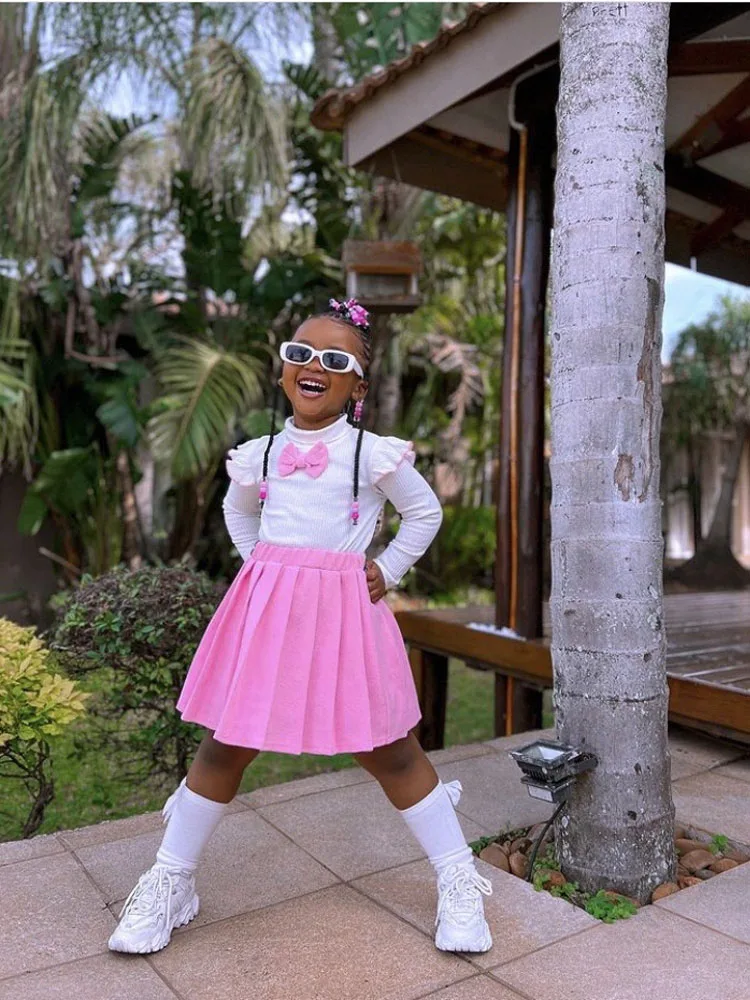 

2023, детский комплект одежды для маленьких девочек, топ с бантом + плиссированная мини-юбка, уличная одежда, Рождественский праздничный наряд, короткое платье, комплекты из двух предметов