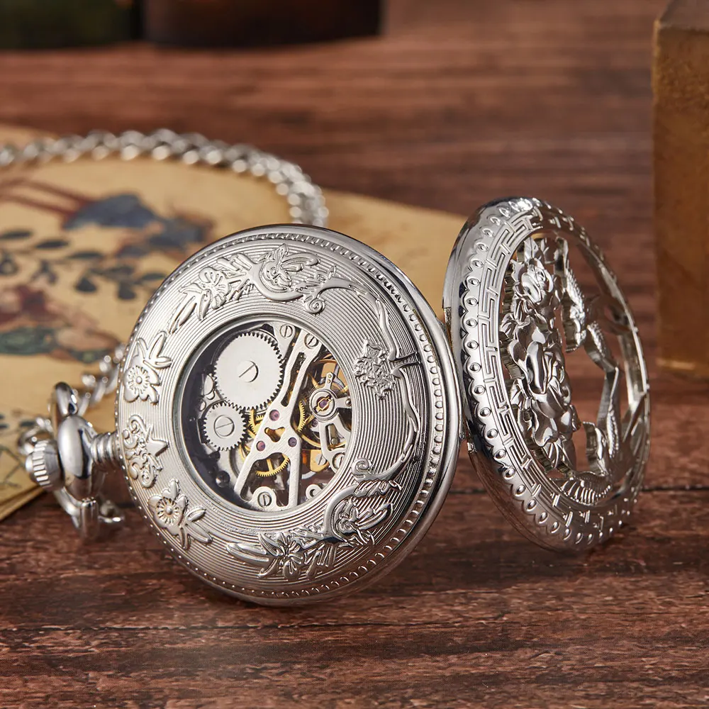 Vintage Luxury Brand Golden Silver Design Skeleton Mechanical Pocket Watch Men Antique UniqueNecklace Pocket & Fob Watches Chain