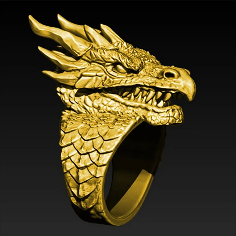 

Punkboy Unique Gold Color Men's Fashion Domineering Dragon Head Metal Male Ring for Men Party Jewelry Accessories Size 6-13
