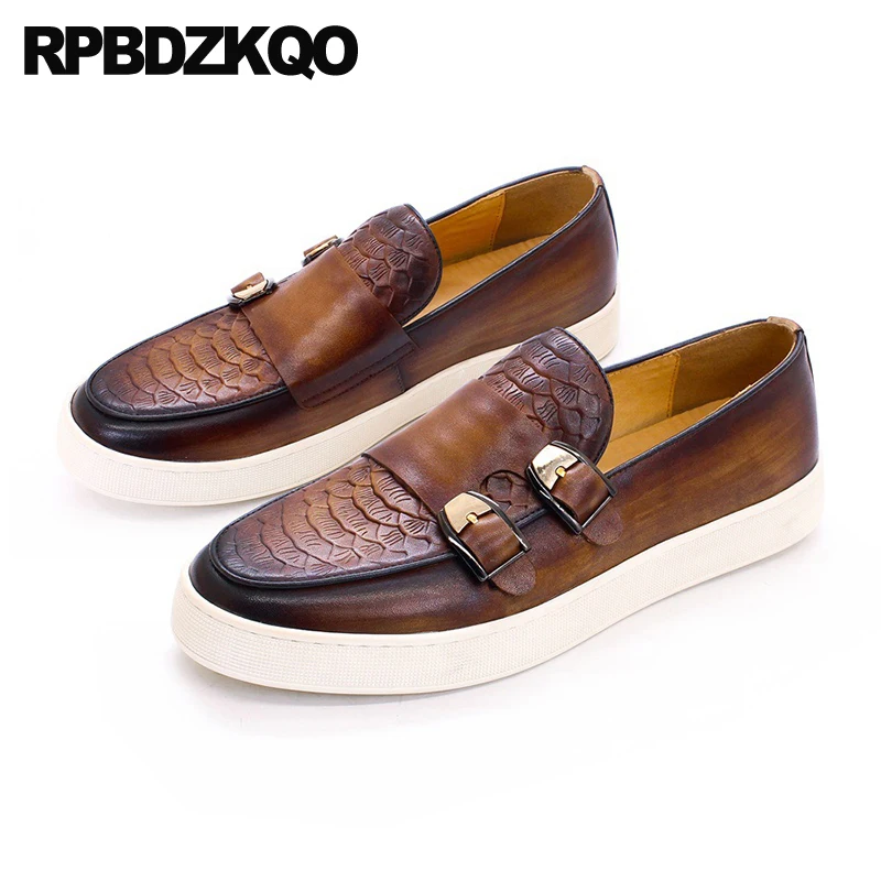 

Crocodile Alligator Real Leather Skate Flats Double Monk Strap Loafers Plus Size 14 Slip On Men Rubber Sole Dress Shoes Casual