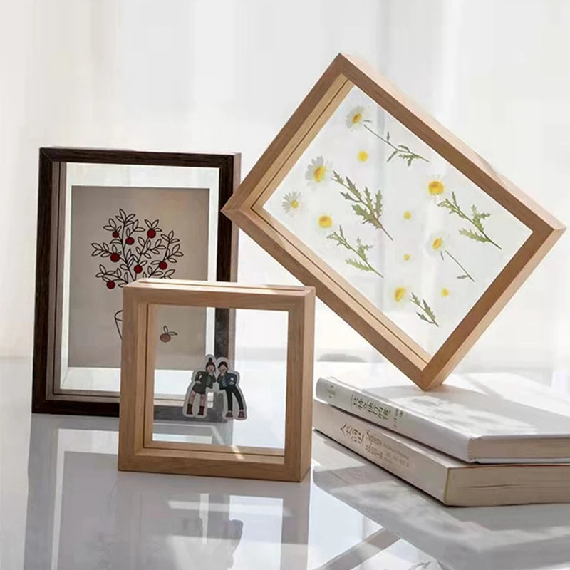

Clear Glass Photo Frame Wooden Dry Flower Plant Specimen Frames Holder Home Wedding Decor Family Picture Frames Display Stands