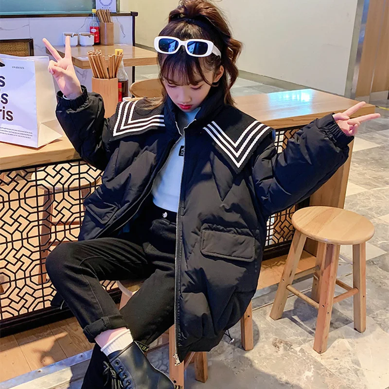 

Girls Down Coat Jacket Cotton Outwear Overcoat 2022 Black Warm Thicken Plus Velvet Winter Autumn School Gift Children's Clothing