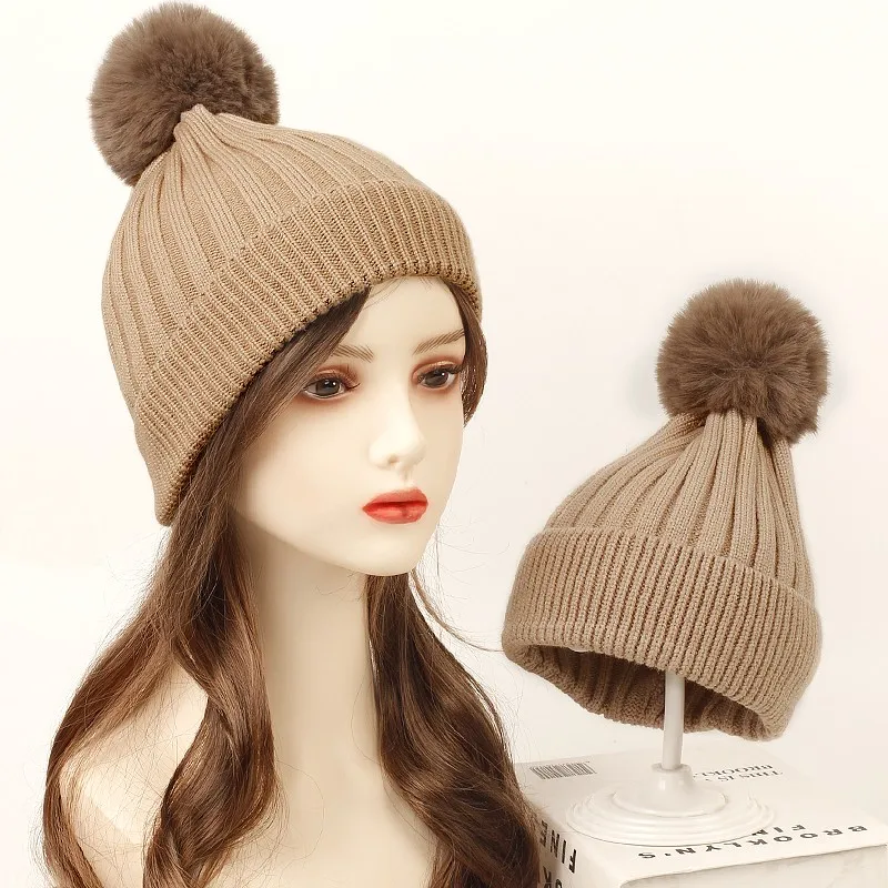 

Famliy Matching Hats Mother Kid Baby Child Warm Winter Knit Beanie Fur Pom Hat Crochet Ski Cap Soft Solid Hat Cute