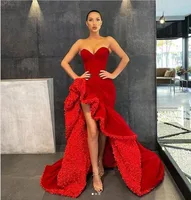 Red Asymmetric Long Evening Dress Ruffle Slit Prom Dress Off Shoulder Trend Party Dress