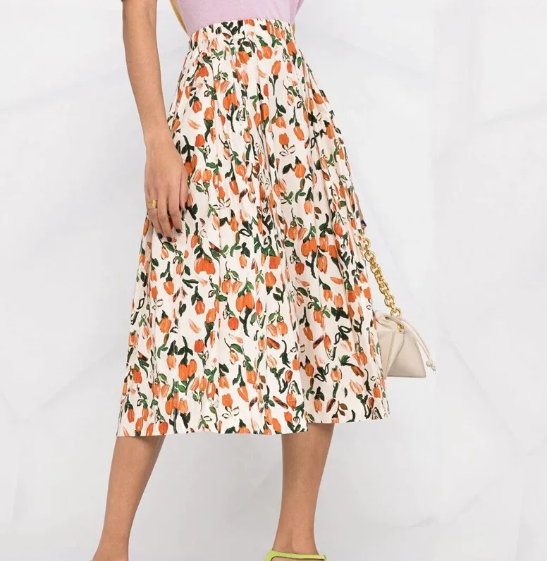 

Summer Women's Style Small Fresh Pastoral Floral Pleated Drape Loosely Shows Thin Elastic High Waist Mid-length A-line Skirt