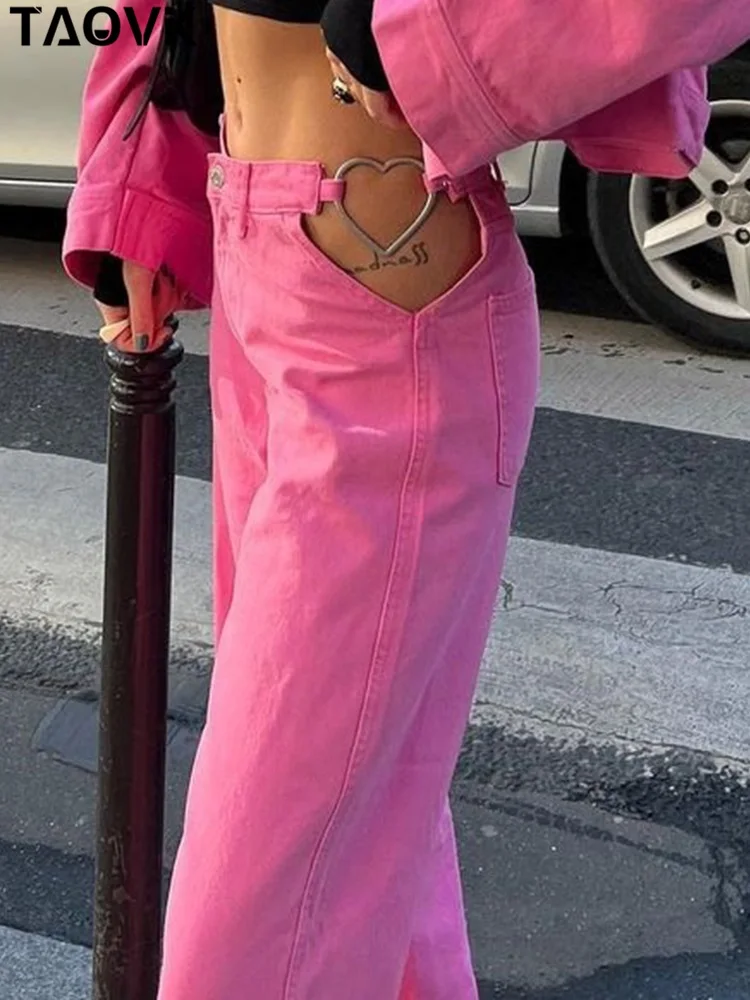 

TAOVK Women's Baggy Pink Jeans Female Hollow Waist With Heart Shape Pants Fashion Wide Leg Pockets Straight Denim Cool Trousers