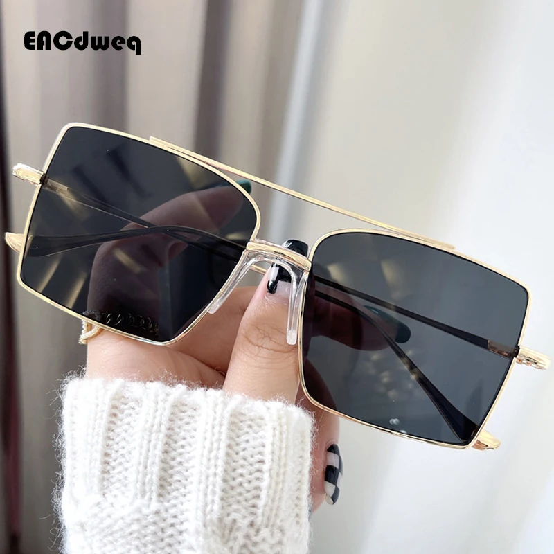

Vintage Fashion 2022 Sunglasses Double Bridge Frameless Rectangle Shades Gradient UV400 Summer Traveling Sun Glasses for Women
