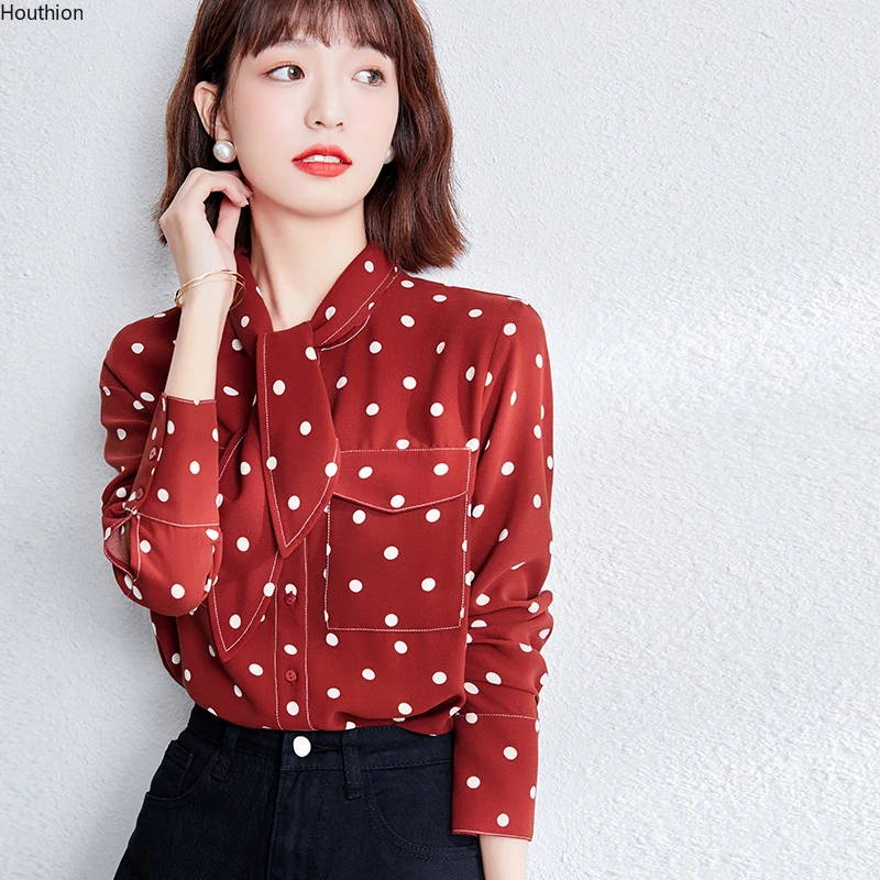 

Chiffon Slim Fit Women's Blouses New Casual Fashion Long Sleeve Top Bow Dot Shirt Summer Elegant Korean Style Female Clothing