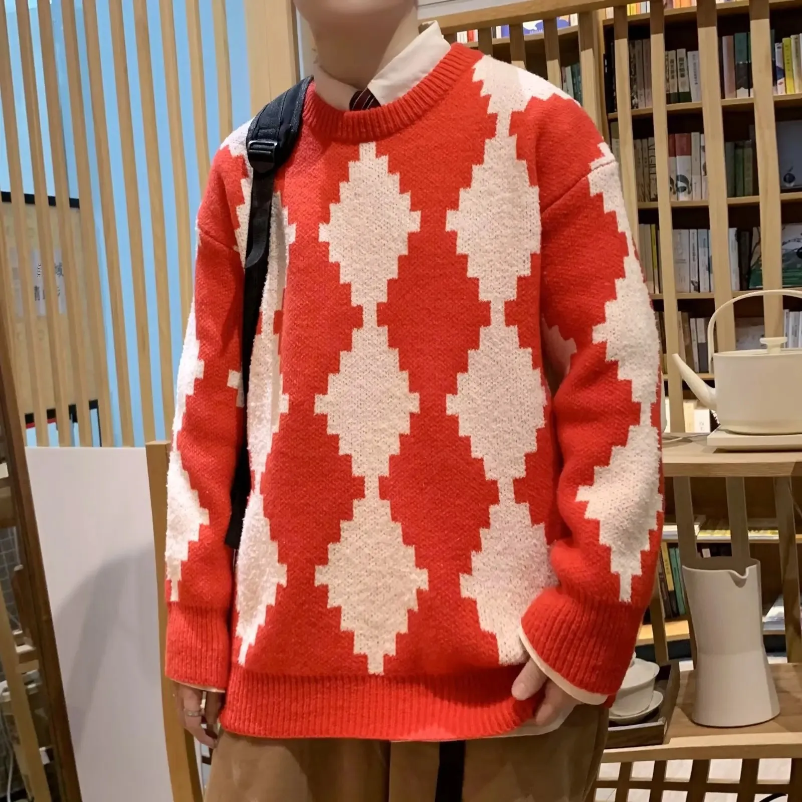 Autumn Winter Casual Idle Style Men's Sweater Round Neck Rhombus Thickened Knitted Top Youth Korean Fashion Loose-Fit