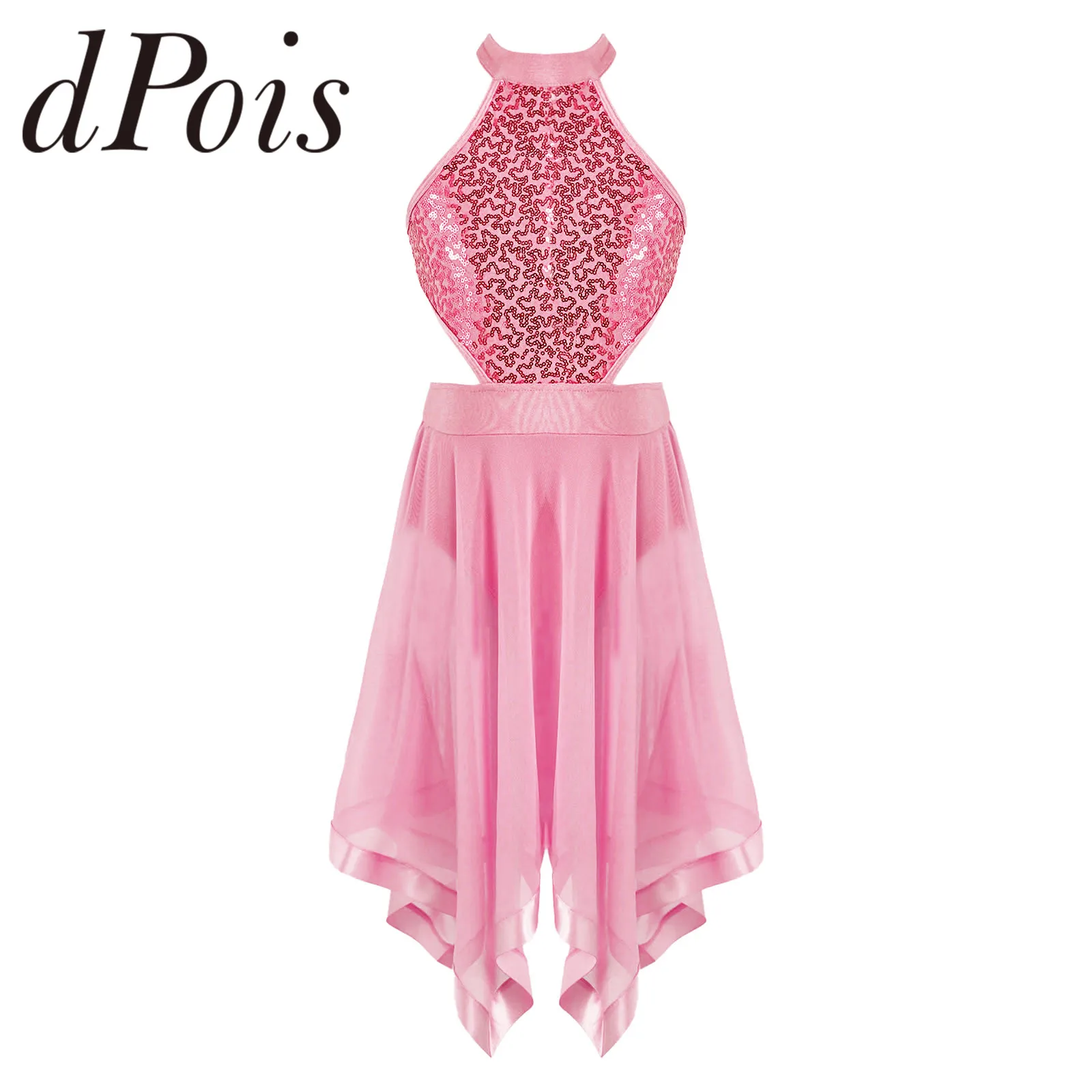 Kids Girls Cut Out Waist Back Lyrical Modern Contemporary Dance Dress Sequins Ballet Tutu Gymnastics Leotard Performance Costume