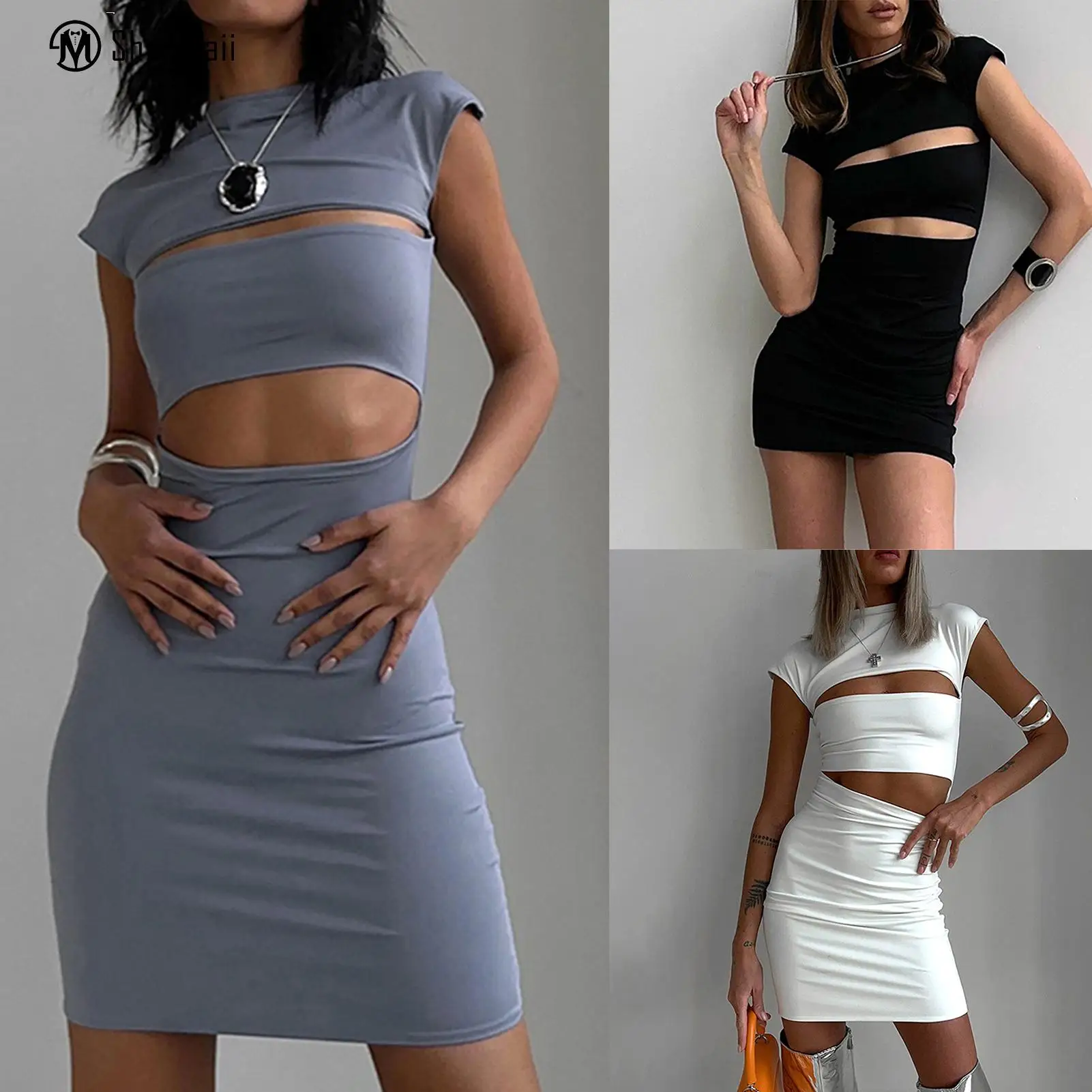 

Ladies Summer Tunic Dress Solid Color Women Bodycon Dress Slim Fit Shirt Mini Dress Hollow Out Crew Neck Streetwear Outfit