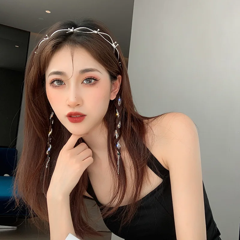 

Party Shiny Rhinestone Bejewelled Headband Tassel Pendant Hair Band Luxury Diamond Hair Hoop Trendy