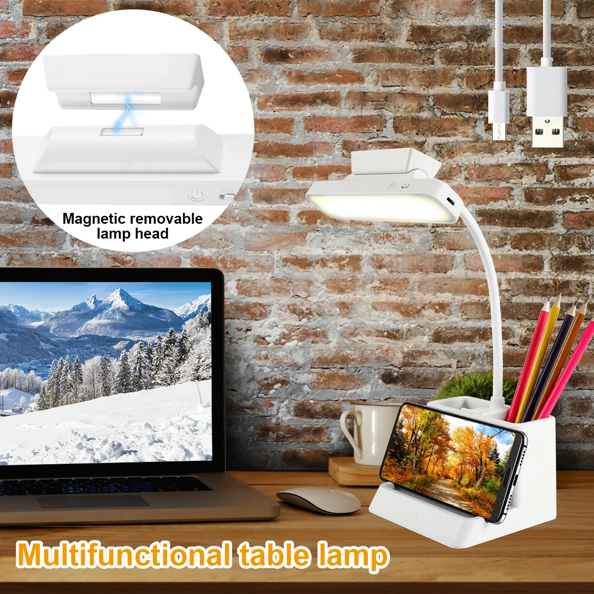 

Настольная светодиодная лампа, Магнитный съемный Настольный светильник с держателем для ручек и USB-зарядкой, настольная лампа для обучения,...