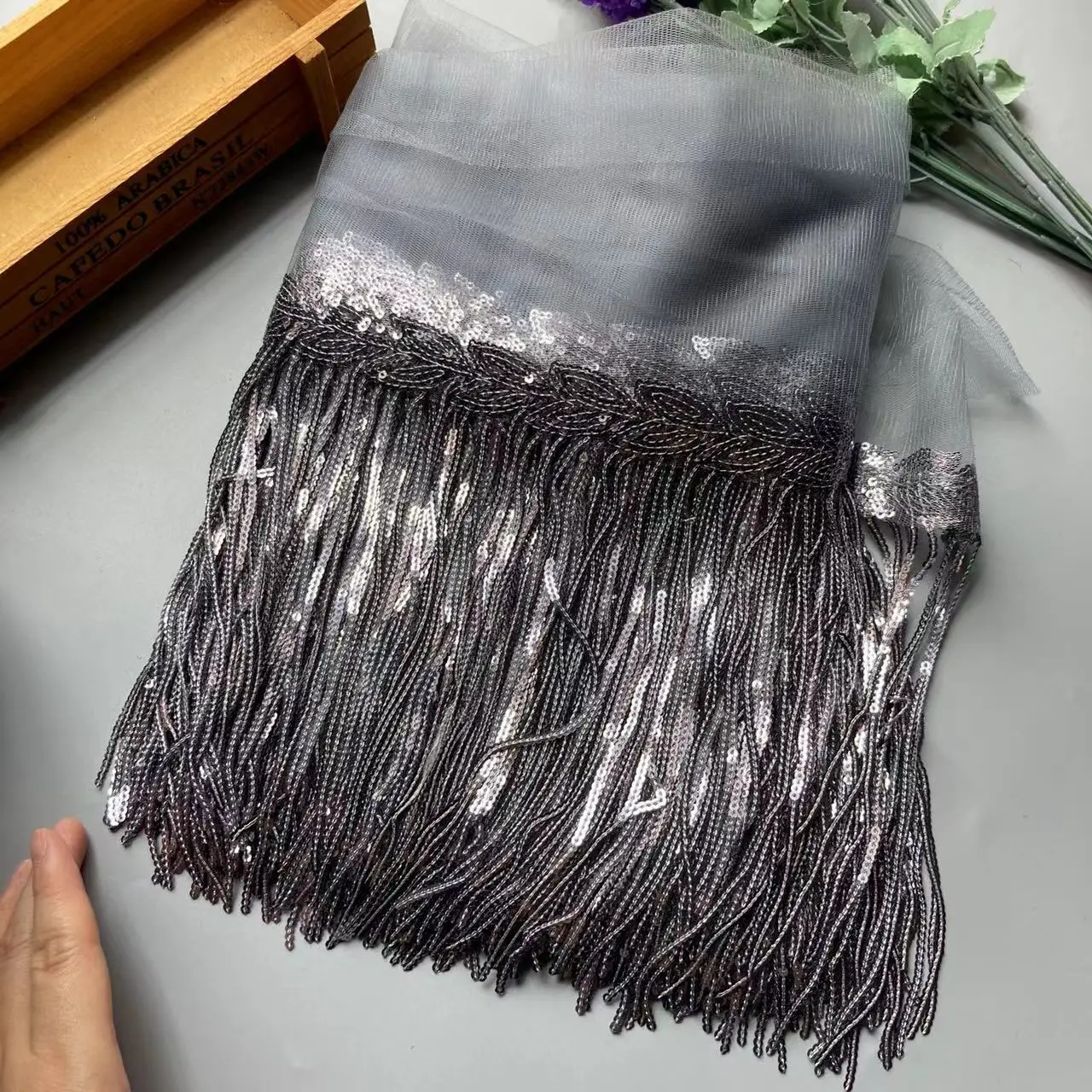 

2 Yards Gray 20cm Sequins Tassel Lace Fabric Fringe Trim Ribbon DIY Dance Performance Dresses Decoration Accessories