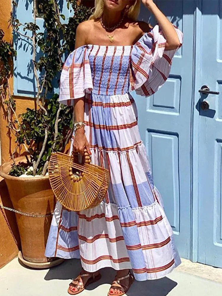 

2022 New Summer Women Floral Plaid Print A-line Beach Dress Sexy Off shoulder Boho Long Dress Casual Femme Cover Up Sundress