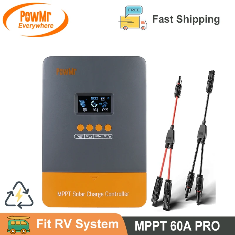 Контроллер заряда солнечной батареи PowMr Max PV 150 в MPPT 60A 12 В 24 в 36 в 48 в LCD Blacklight для вентилируемых герметичных никель-кадмиевых литиевых батарей