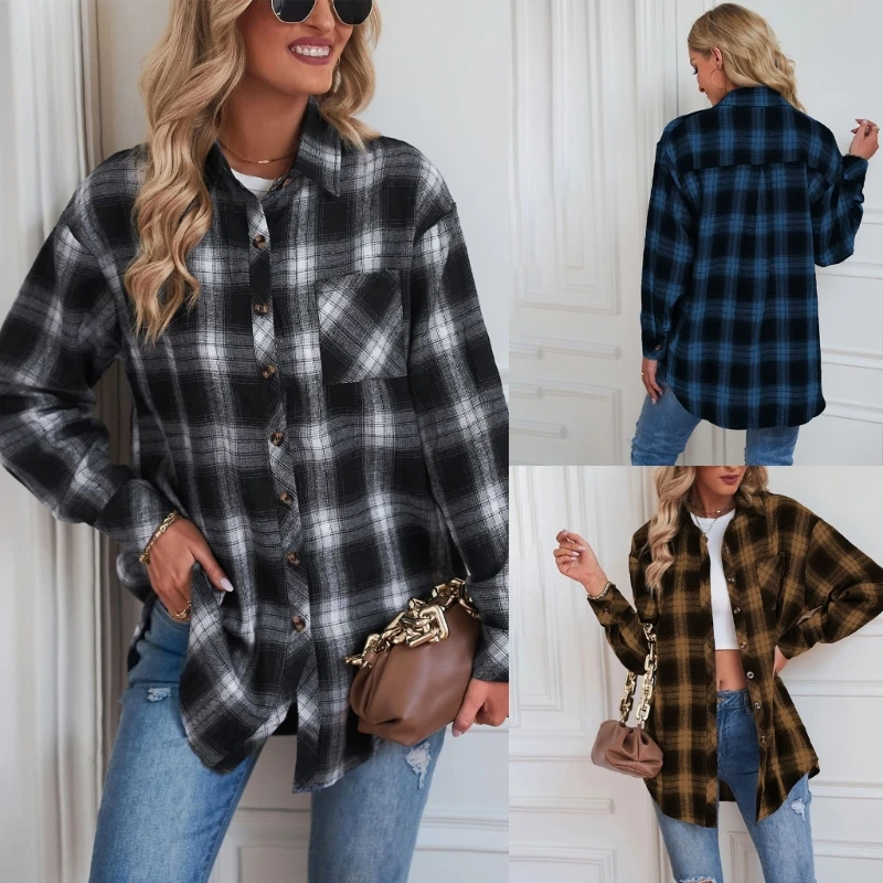 

Womens Lapel Collar Long Sleeve Shirts Button Down Plaid Blouse Top Cardigan