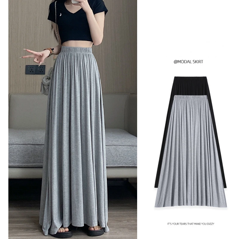 

Серая Модальная юбка длиной до пола для женщин, лето 2023, новое эластичное платье с высокой талией, ТРАПЕЦИЕВИДНОЕ длинное платье средней длины черного цвета