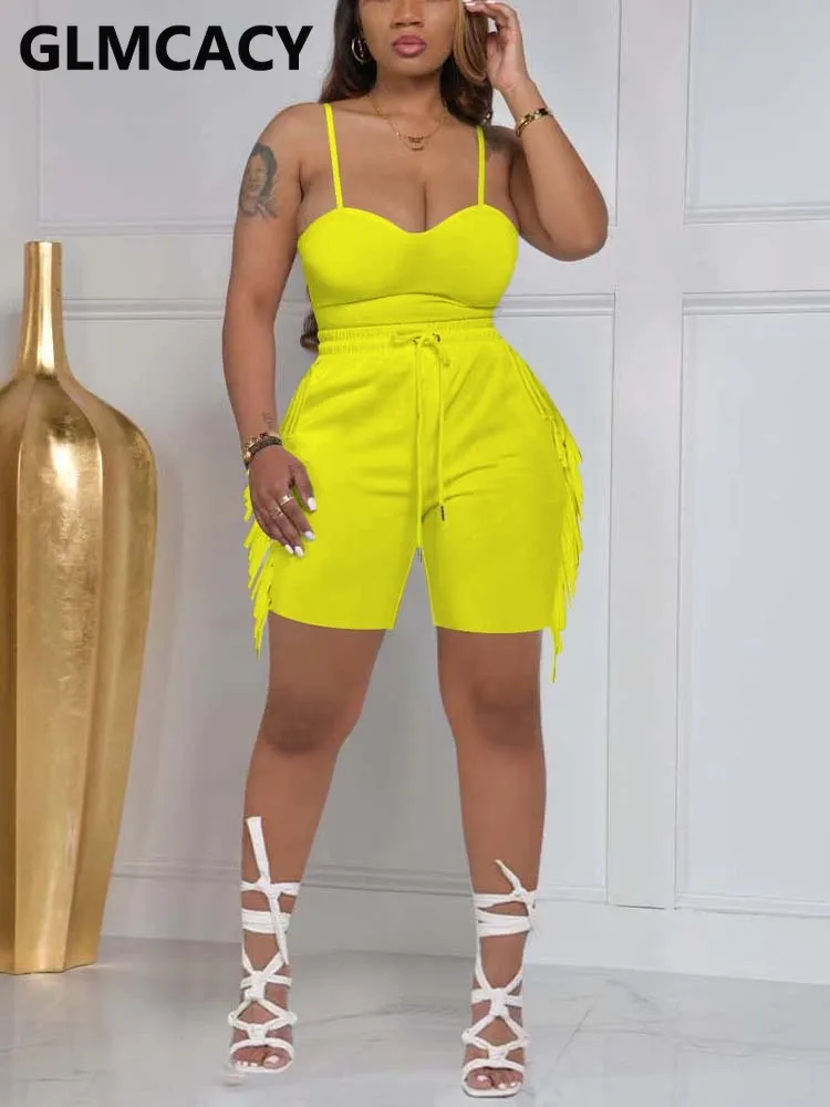 

2 Pieces Sets Women Spaghetti Strap Top & Tassel Design Shorts