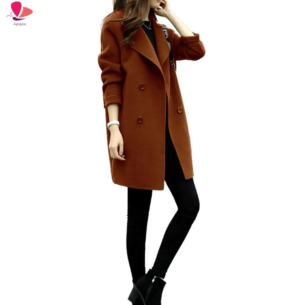 Новинка 2024 женская куртка осень-зима однотонное двубортное пальто миди с