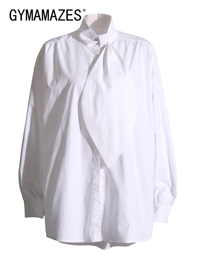 

GYMAMAZES Loose Solid Shirt For Women Stand Collar Long Sleeve Single Breasted Irregular Blouses Female 2022 Casual Clothing New
