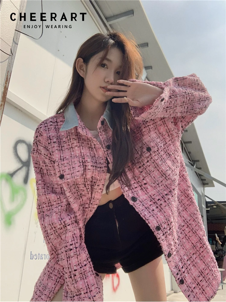 

CHEERART Pink Plaid Tweed Jacket For Women 2022 Oversized Coat Shacket Designer Korean Fashion Streetwear Autumn Clothes