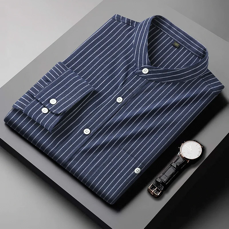 Mattswag Mens Blue White Stripe Couple Shirts High Quality Stand Collar Long Sleeve Shirts Casual Loose Business Camisas Hombre