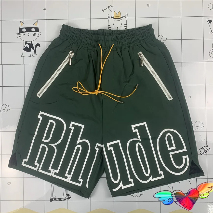 

Green Nylon Rhude Shorts 2022ss Men Women 1:1 High Quality Pill Zipper Rhude Rh Logo Shorts Big Letters Print Mesh Breeches