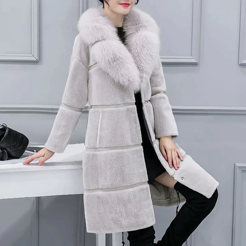 

Женское теплое пальто из искусственного меха, зимнее меховое пальто, женская толстая куртка с длинным рукавом, модная верхняя одежда с воротником из искусственного лисьего меха