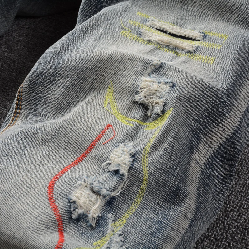 Fashion Vintage Men Jeans Retro Blue Elastic Slim Fit Ripped Jeans Men Straight Trousers Embroidery Designer Denim Pants Hombre