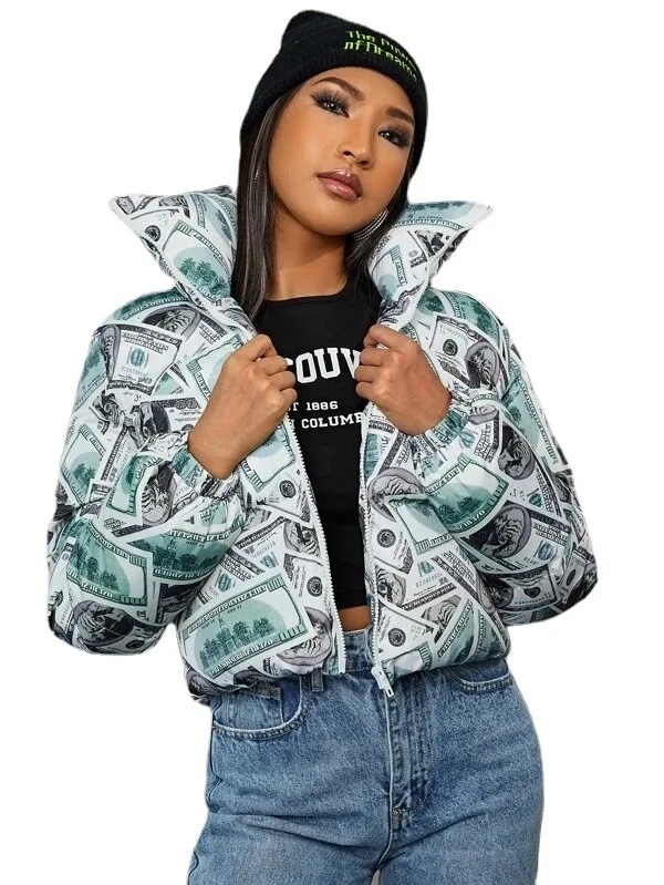 2022 New Women's Printed Long-Sleeved Loose Tops Cotton-Padded Coats Are Thin and Trendy Bread Coats